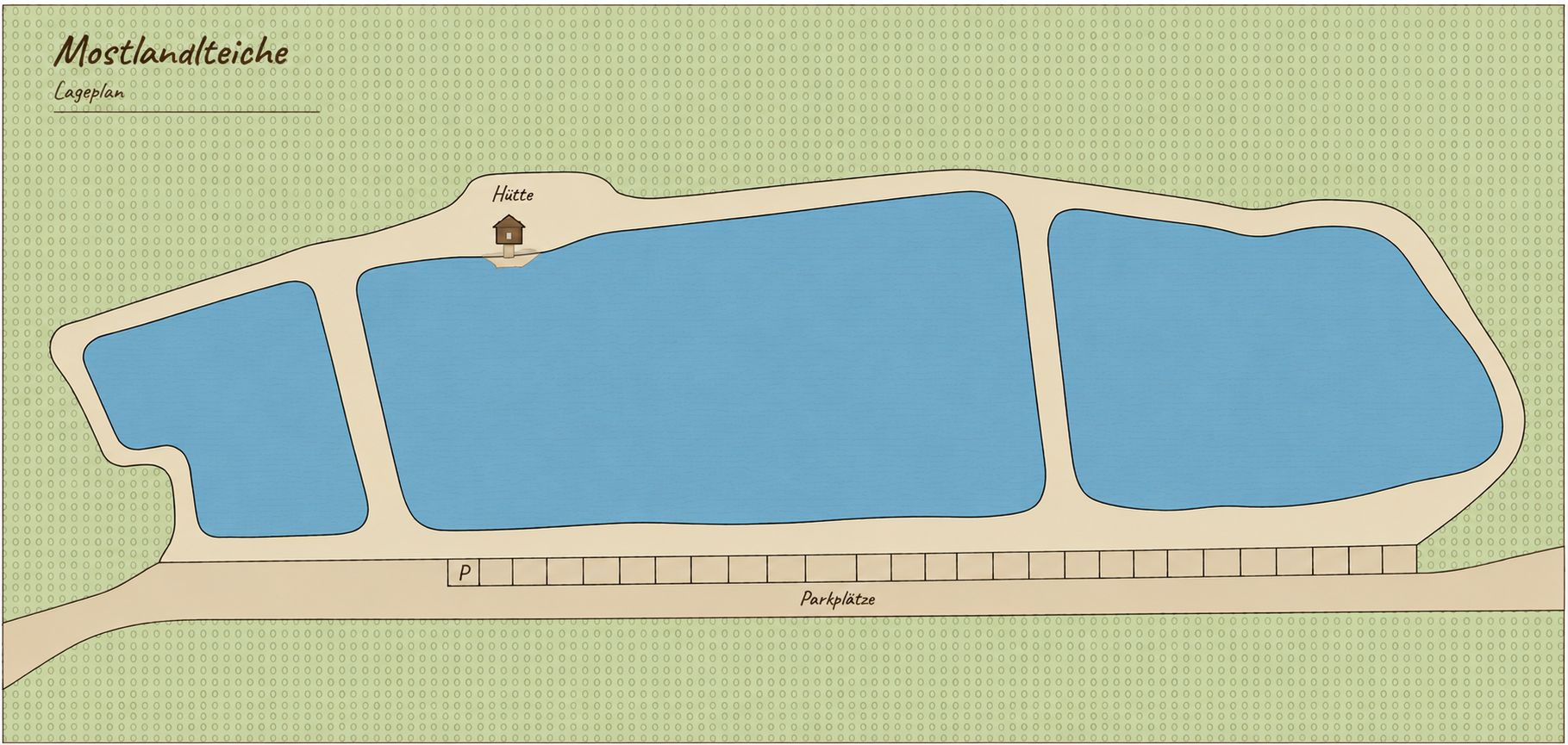 Lageplan der drei Mostlandlteiche mit Hütte und Parkplätzen
